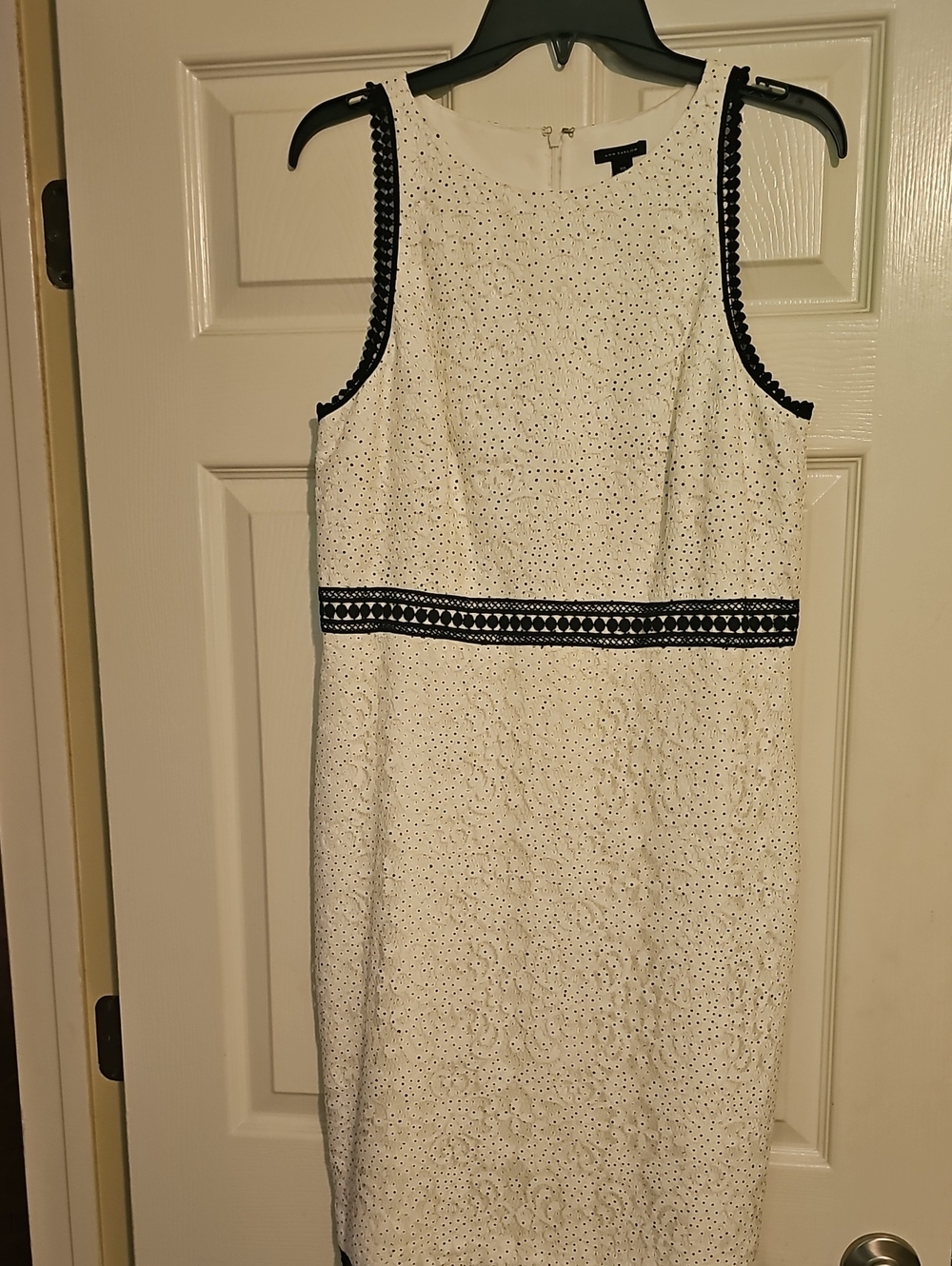 Ann Taylor White Eyelet Shift Dress with Black Trim